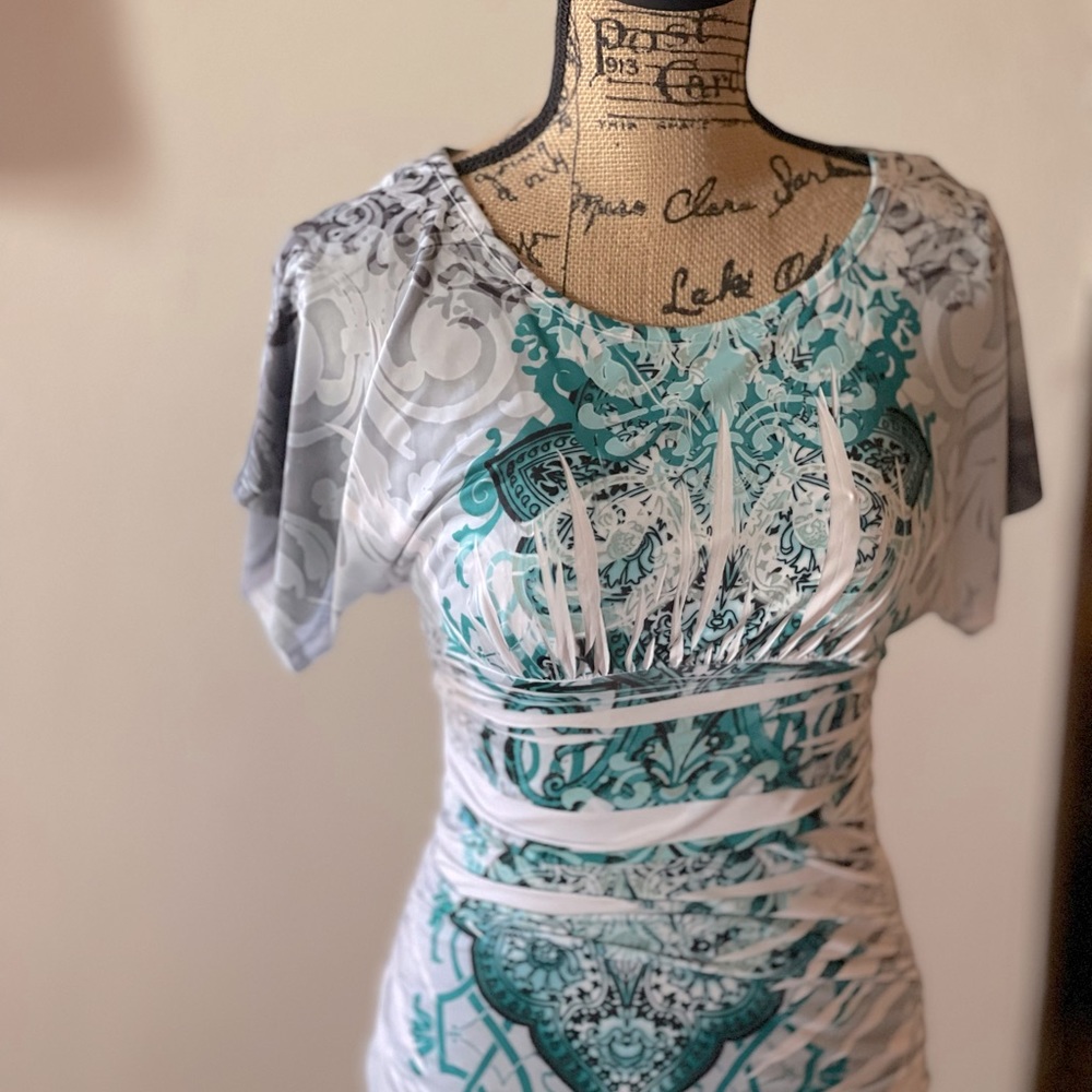 Women’s Blouse ~ turquoise, white and gray~ used but in good condition